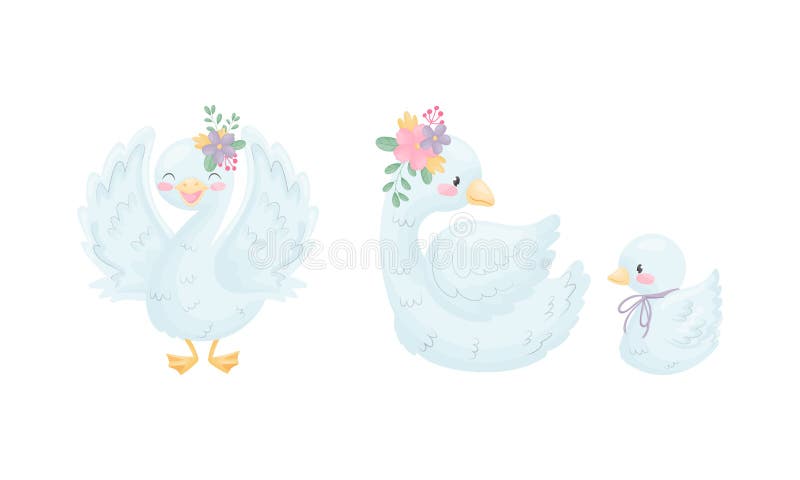 Beautiful White Swan or Goose with Floral Adornment Vector Set