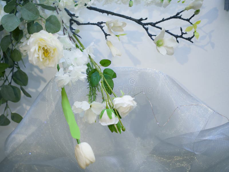 Beautiful white wedding backdrop with white flower. Wedding decor ,Blur background copy space. royalty free stock images