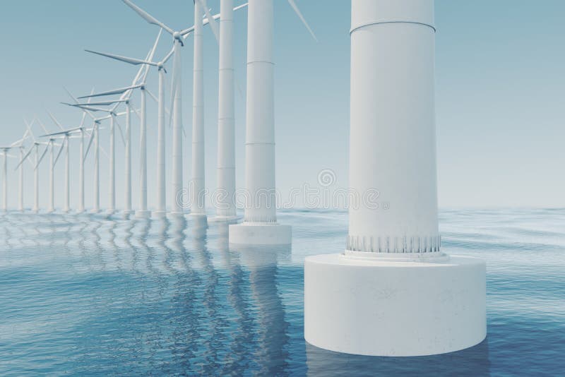 Beautiful the wind turbines in sea, ocean. Clean energy, wind energy, ecological concept. 3d rendering. Industrial, efficiency.