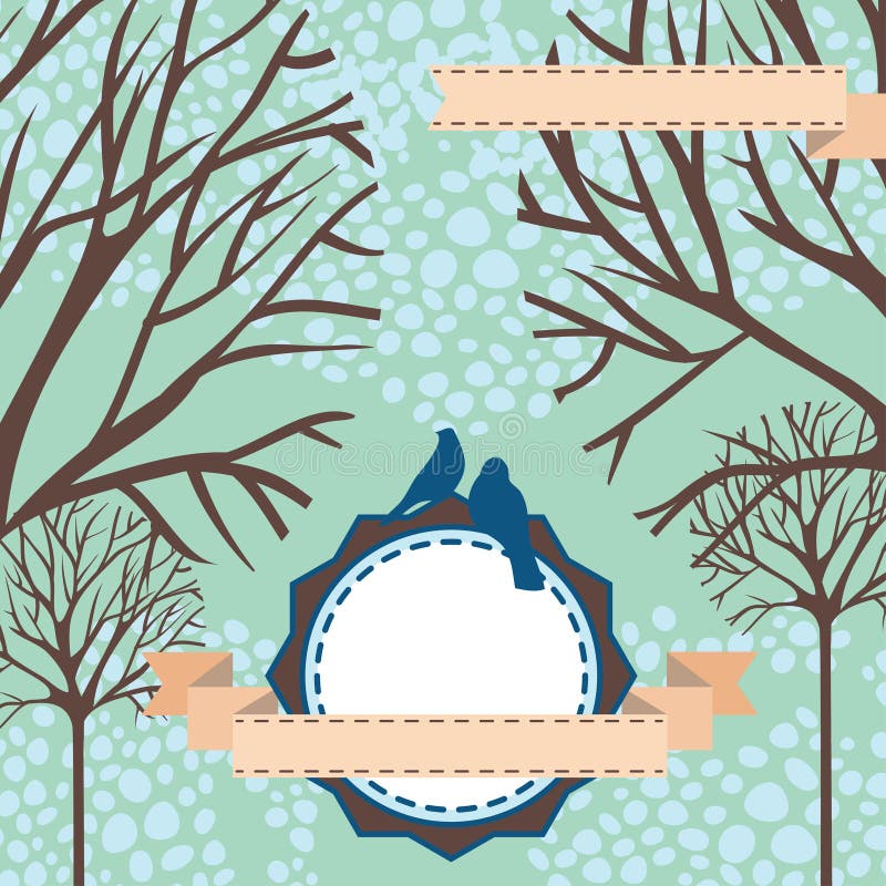 Beautiful winter card with trees, snow, birds and place for text royalty free illustration Beautiful winter card with trees, snow, birds and place for text royalty free illustration