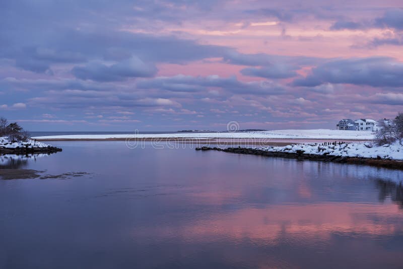 A beautiful winter evening on the Atlantic coast. A traditional view of Maine. USA.