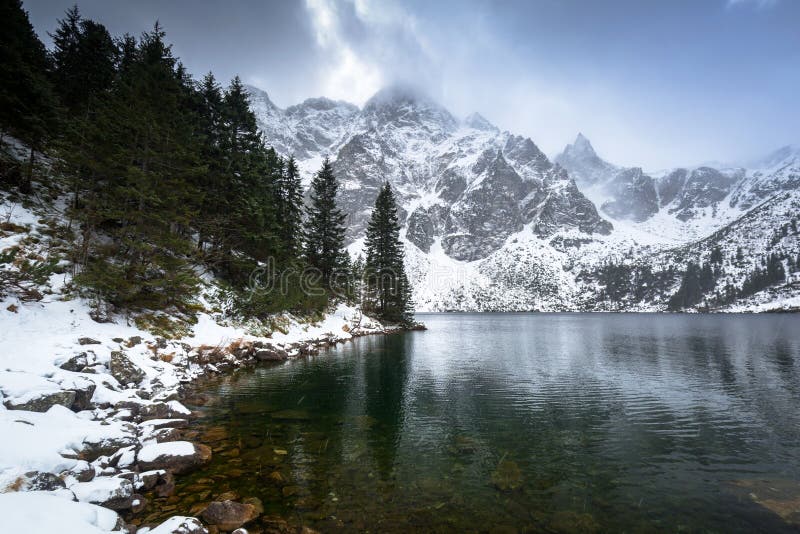 Beautiful winter at Eye of the Sea lake in in Tatra mountains