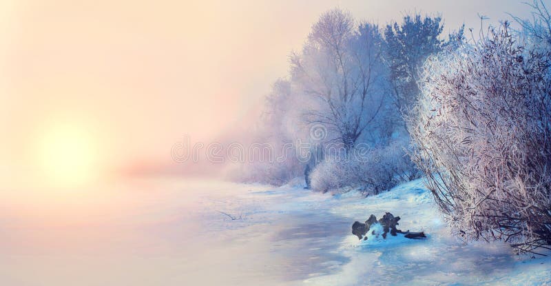 Beautiful winter landscape scene background with snow covered trees and iced river