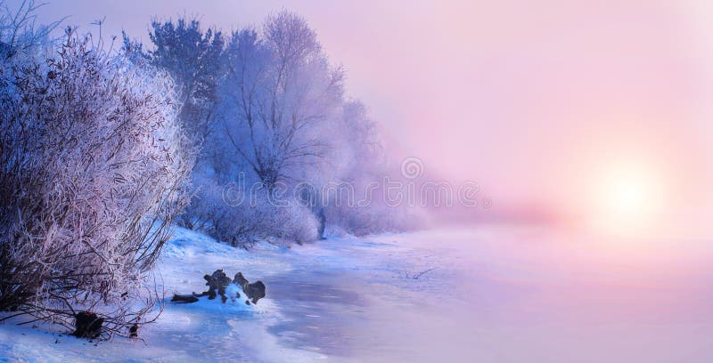 Beautiful winter landscape scene background with snow covered trees and iced river