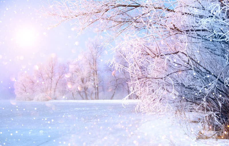 Beautiful winter landscape scene with ice river royalty free stock photo