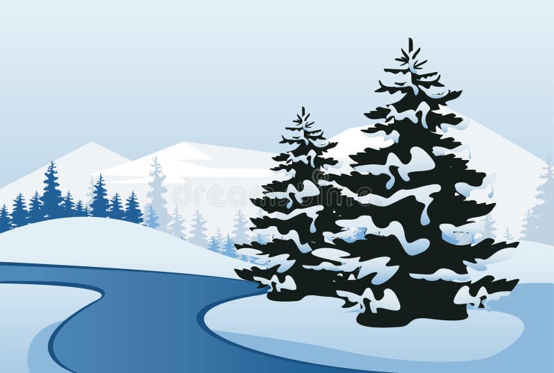 Beautiful winter landscape scene with pines trees vector illustration