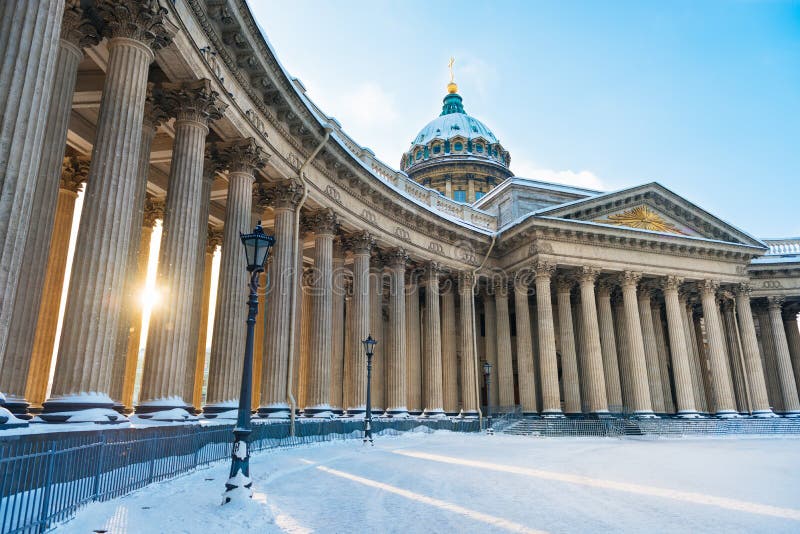 Beautiful winter landscape in St. Petersburg. Snowy winter in the city. Russian winter. Kazan Cathedral