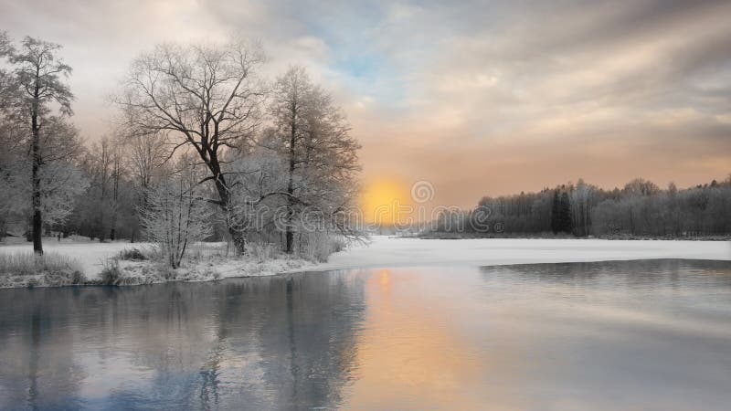 Beautiful winter landscape with trees covered in rime frost