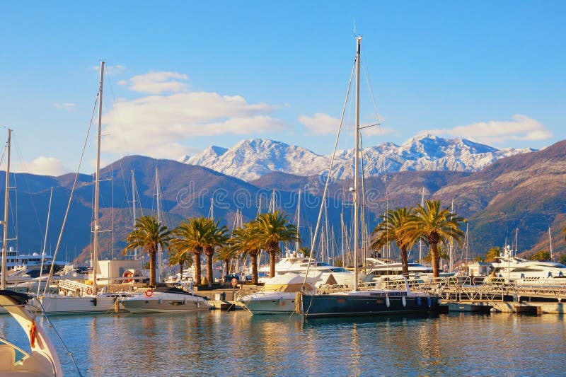 Beautiful winter Mediterranean landscape. Montenegro, Tivat city. View of yacht marina of Porto Montenegro