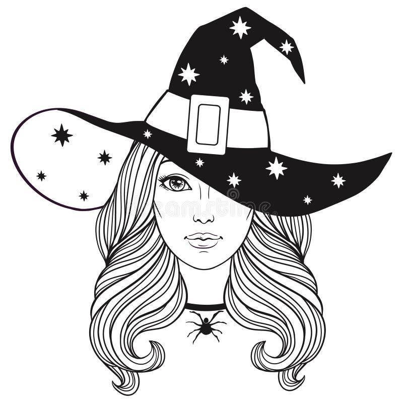 https://thumbs.dreamstime.com/b/beautiful-witch-hat-vintage-halloween-vector-black-white-linen-illustration-face-beautiful-young-girl-long-wavy-251157421.jpg