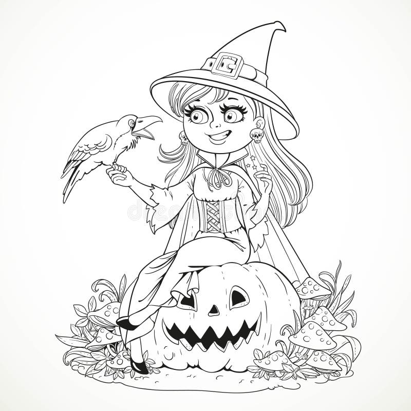 https://thumbs.dreamstime.com/b/beautiful-witch-sitting-pumpkin-talks-to-black-raven-outlined-coloring-book-beautiful-witch-sitting-pumpkin-188909390.jpg