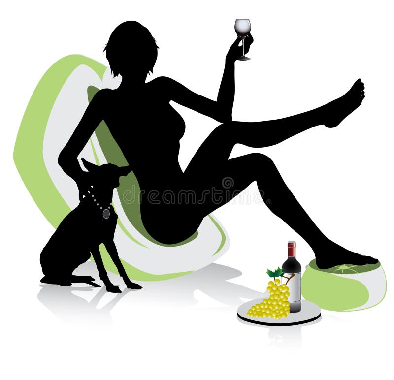 Beautiful woman relaxing with dog and a glass of alcohol and grape