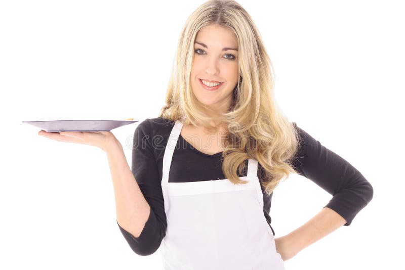 Beautiful woman in apron holding your product