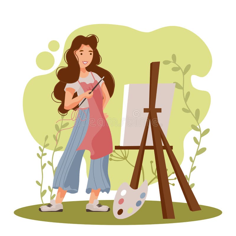 Beautiful Woman Artist Painter Working on Canvas at Easel. Cartoon ...