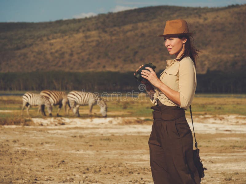 Beautiful Woman with Binoculars at Savanna in Kenya Stock Image Image