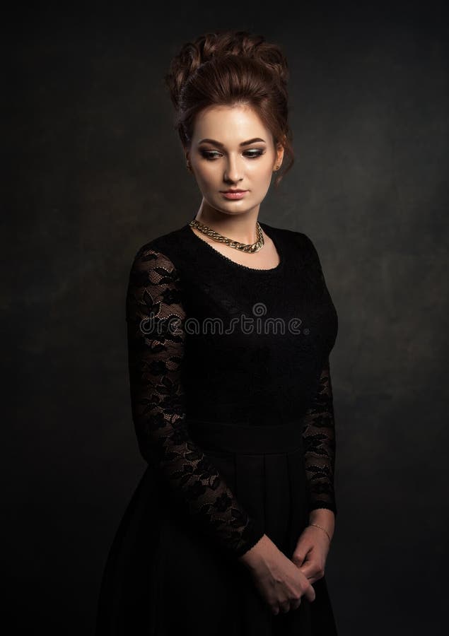 Beautiful Woman on Black Classical Dress. Vogue Style Photo. Stock ...