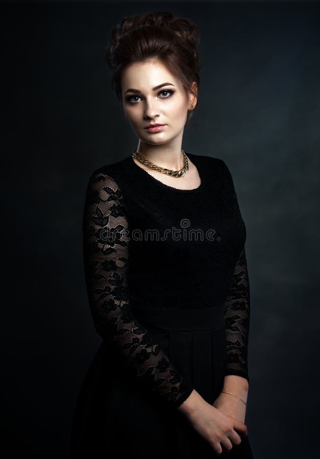 Beautiful Woman on Black Classical Dress. Vogue Style Photo. Stock ...