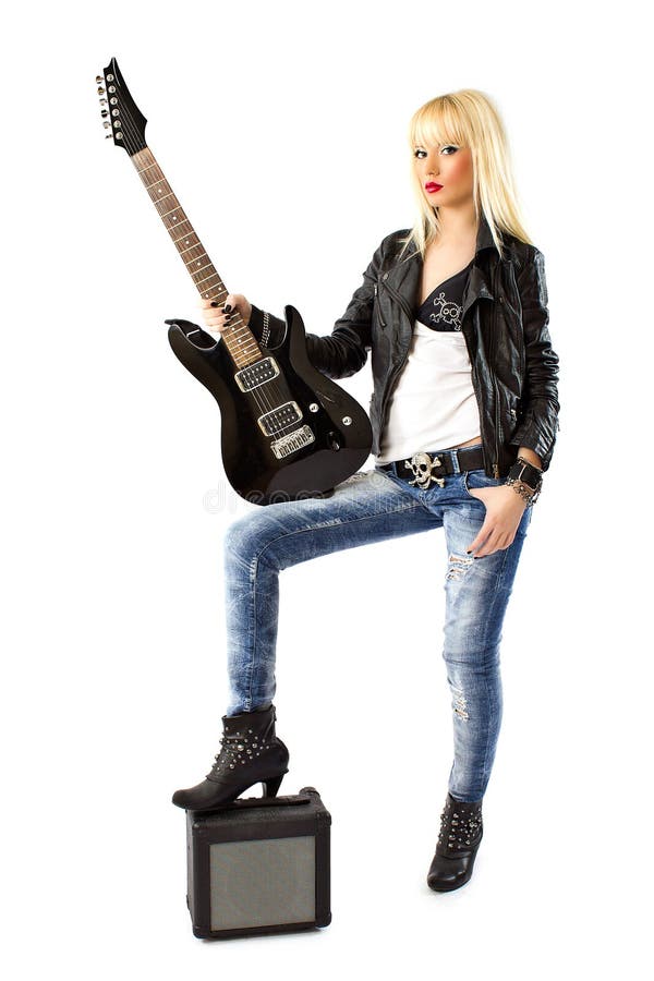 Beautiful Woman with Black Electric Guitar Stock Image Image of