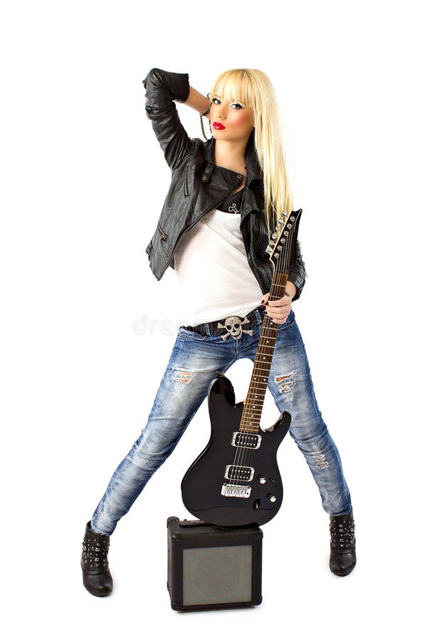 Beautiful woman with black electric guitar royalty free stock photography