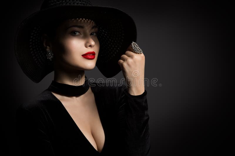 Beautiful Woman in Black Hat, Elegant Lady Beauty Studio Portrait in Black Dress