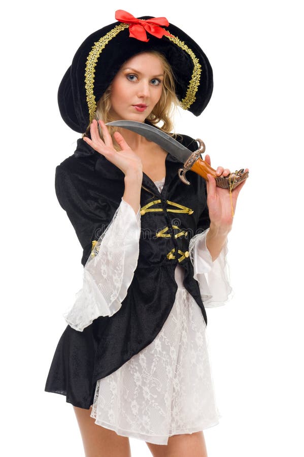 Beautiful woman in carnival costume. Pirate shape royalty free stock photo