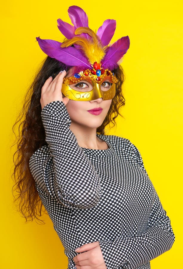 Beautiful Woman In Carnival Mask Holiday Fashion Girl Portrait Stock