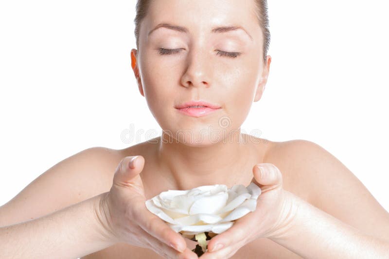 Beautiful Woman with Clear Skin Inhales the Scent of Roses Stock Photo ...