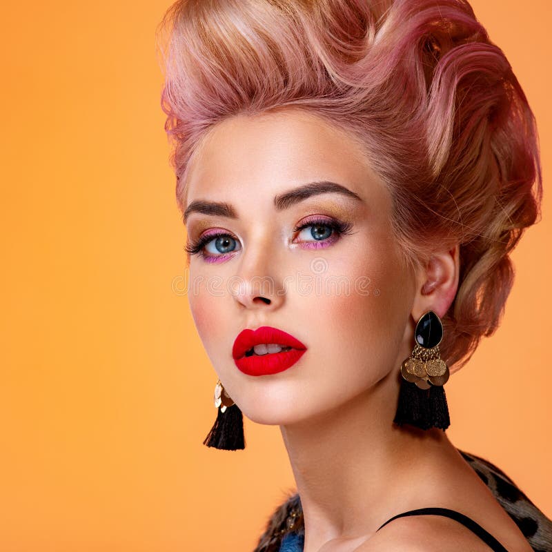 Beautiful Woman with Creative Hairstyle, Vivid Makeup. Fashionable Girl. Beautiful Face of Young Woman with Red Lips Stock Photo - Image of fashion, makeup: 197867506 Beautiful Woman with Creative Hairstyle, Vivid Makeup. Fashionable Girl. Beautiful Face of Young Woman with Red Lips Stock Photo - Image of fashion, makeup: 197867506