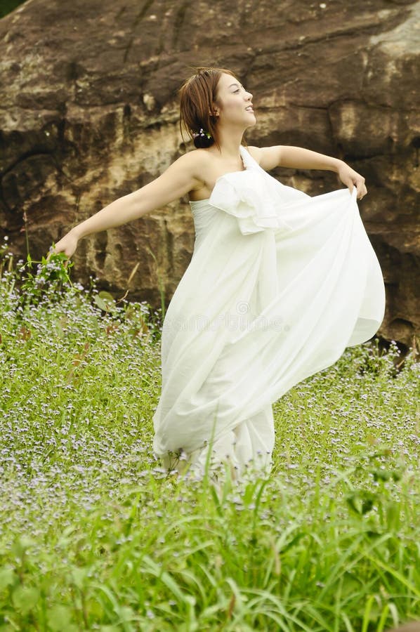 Beautiful Woman Dancing in Flowers Field Stock Photo Image of