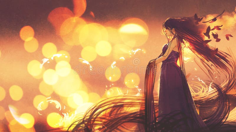Beautiful woman in dark dress with long hair stock illustration Beautiful woman in dark dress with long hair stock illustration