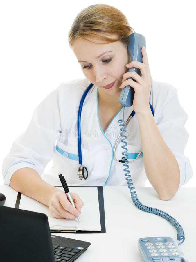 Beautiful woman doctor consultant with telephone