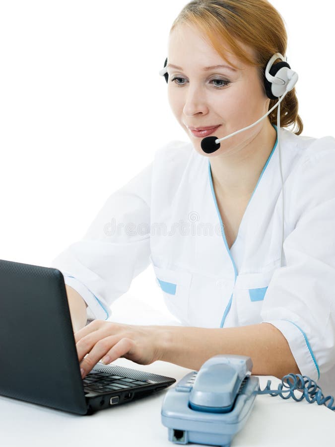 Beautiful woman doctor consultant with telephone