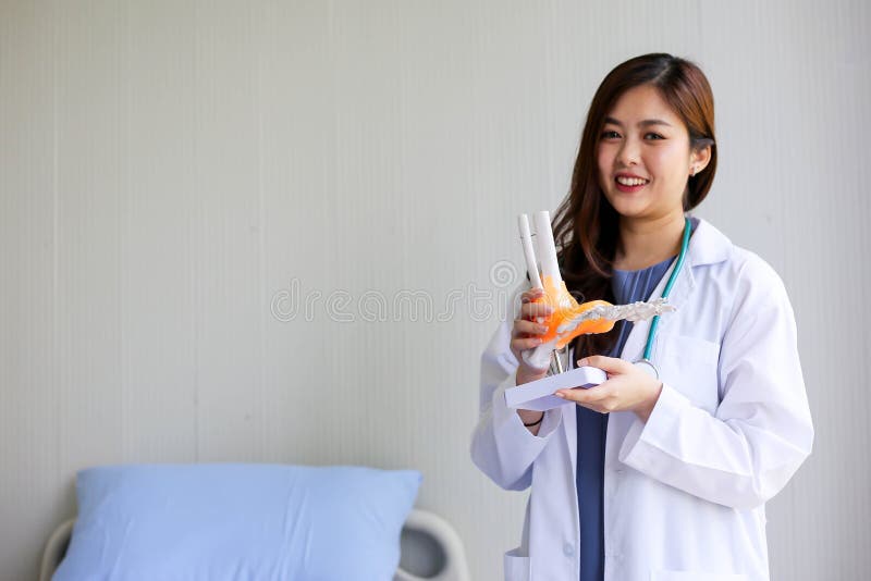 Beautiful woman Doctor is pointing on a bone in the spine the layout of the knee joint with patient royalty free stock images Beautiful woman Doctor is pointing on a bone in the spine the layout of the knee joint with patient royalty free stock images