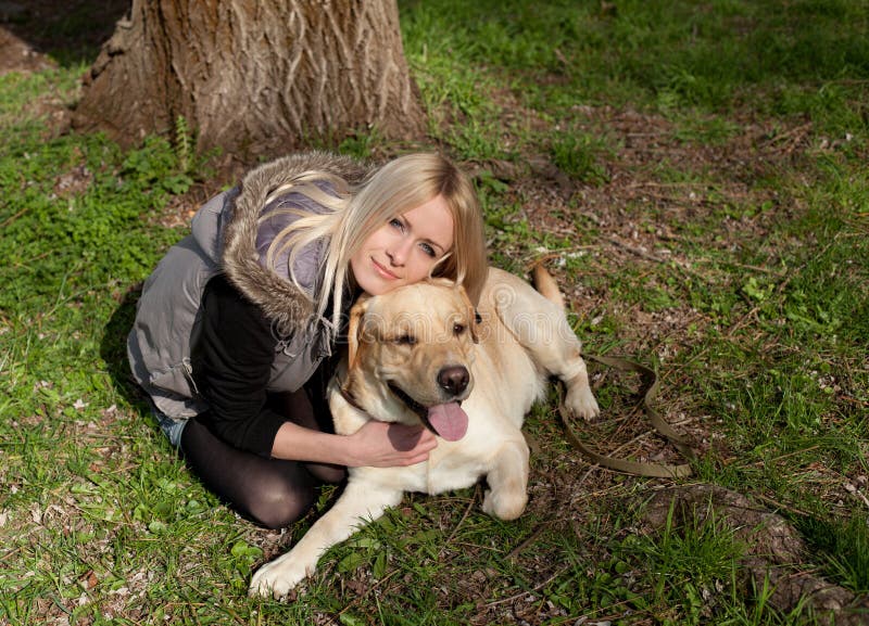 Beautiful Woman with Dog in the Park Stock Image - Image of caress ...