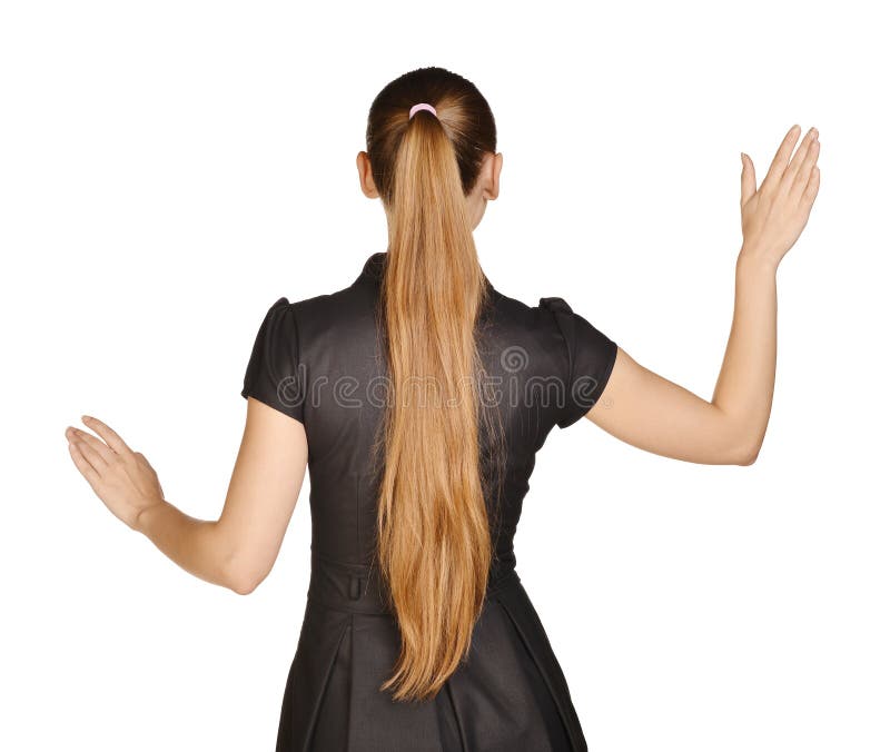 Beautiful Woman In A Dress Stands Back And Raised Stock Image Image