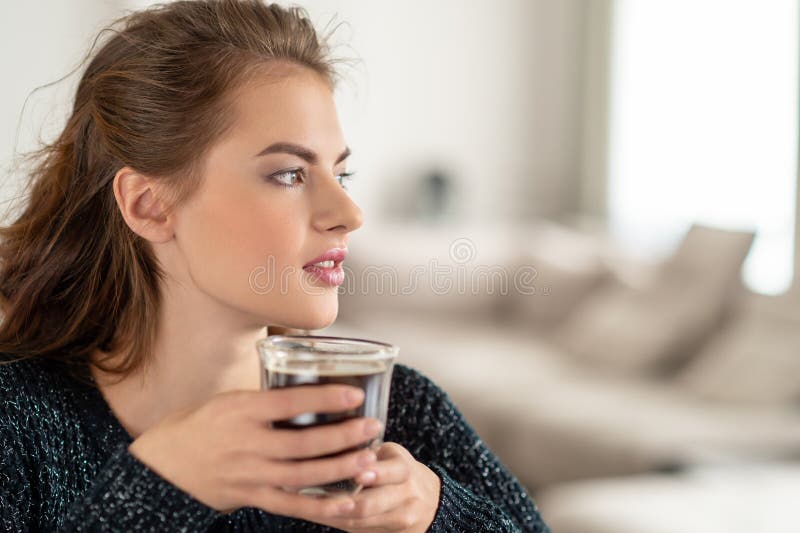 Beautiful Woman Drinking Coffee in the Morning Stock Photo - Image of ...