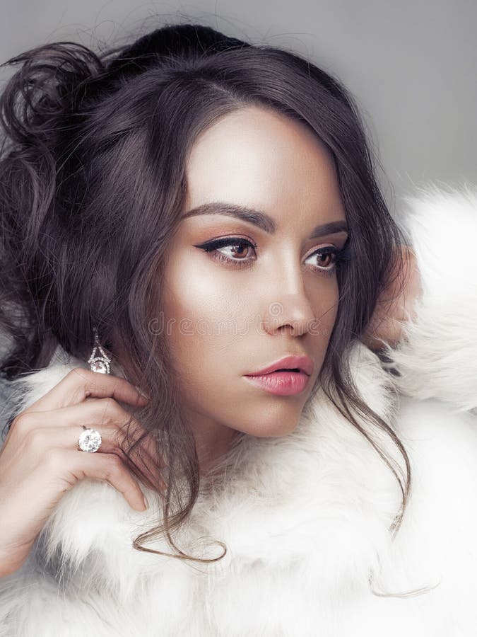 Beautiful Woman with Elegant Hairstyle in White Fur Coat Stock Image ...