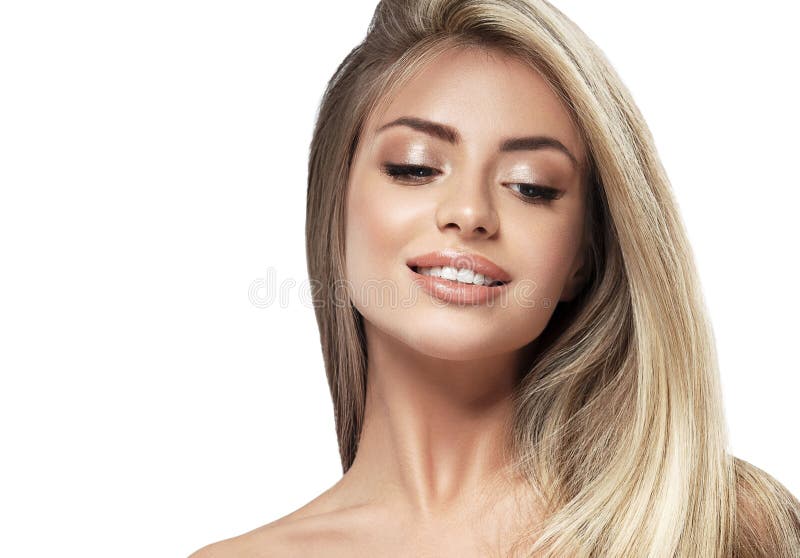 Beautiful woman face blonde hair portrait close up studio on white long hair