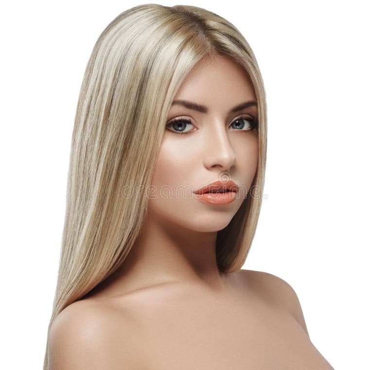 Beautiful woman face blonde hair portrait close up studio on white long hair