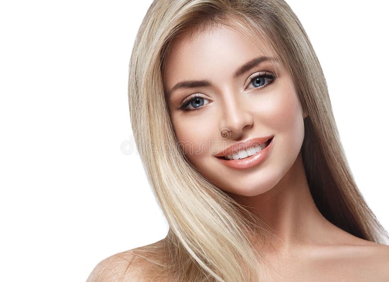 Beautiful woman face blonde hair portrait close up studio on white long hair