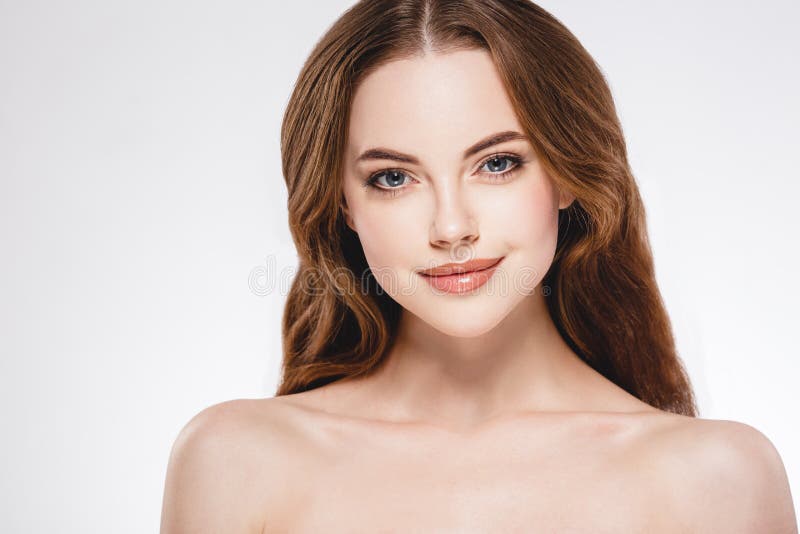 Beautiful woman face close up portrait studio on white