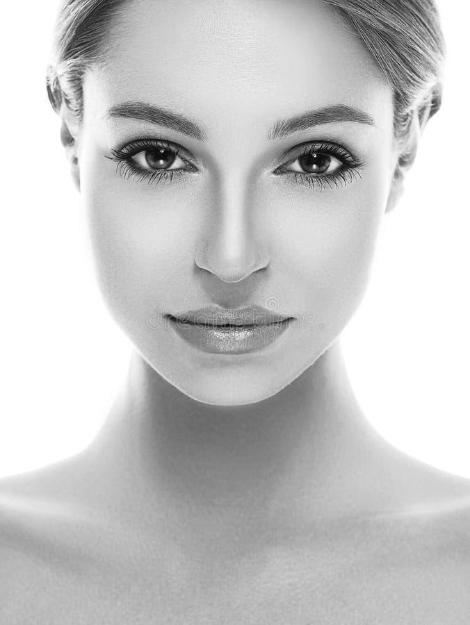 Beautiful woman face close up studio on white