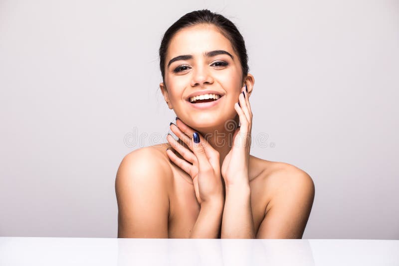 Beautiful woman face portrait beauty skin care concept. Fashion Beauty Model isolated on grey