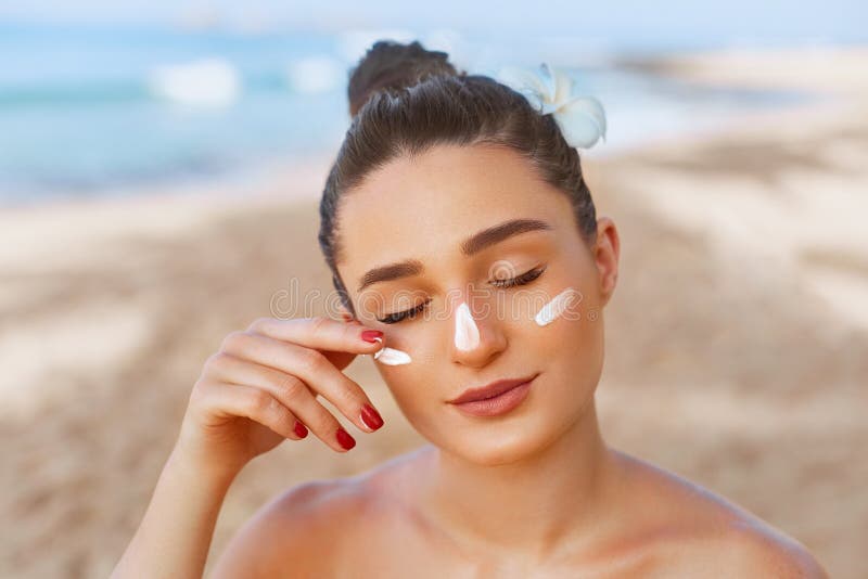 Beautiful Woman Face Portrait Beauty Skin Care Concept. Suncream Stock ...