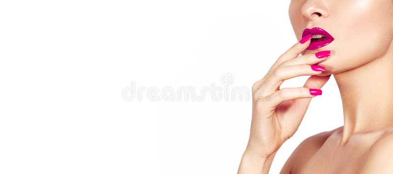 Beautiful Woman with Fashion Red Nails Manicure and Bright Makeup Lips. Fashion Nail Polish with Gel Lacquer, Gloss Lip stock photography Beautiful Woman with Fashion Red Nails Manicure and Bright Makeup Lips. Fashion Nail Polish with Gel Lacquer, Gloss Lip stock photography