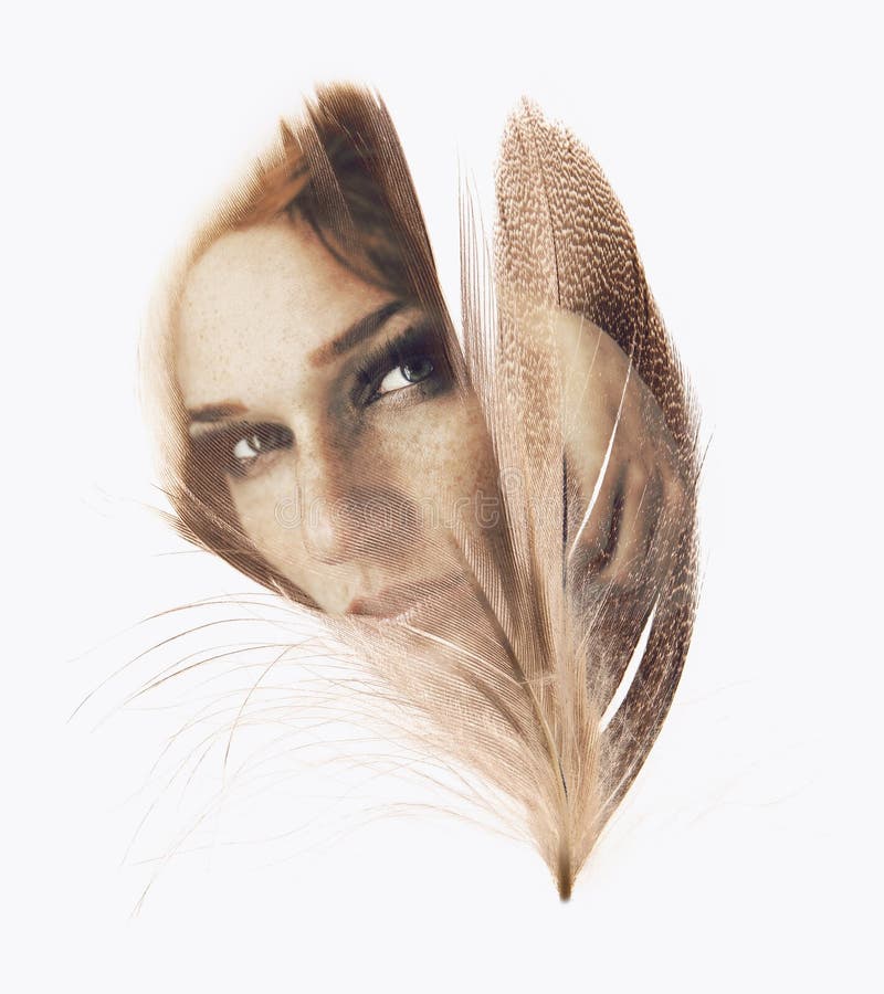 Beautiful woman with feather, double exposure, overlay stock photography Beautiful woman with feather, double exposure, overlay stock photography