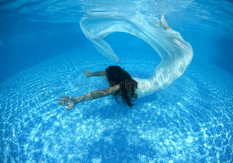 Beautiful Woman Girl White Dress Underwater Diving Swim Blue Sunny Day 