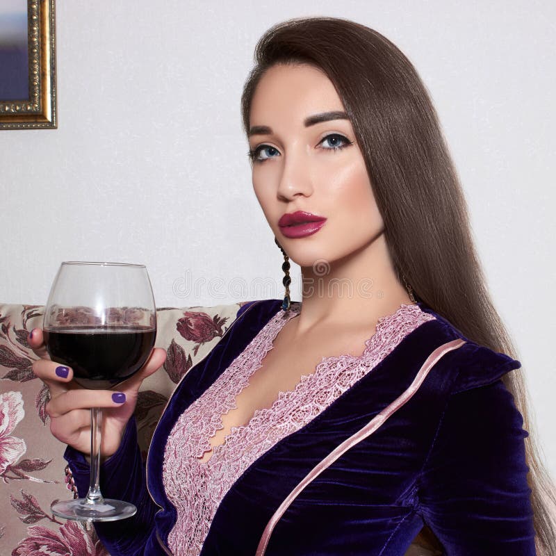Beautiful Woman With Glass Of Wine Stock Image Image Of Make Imagery