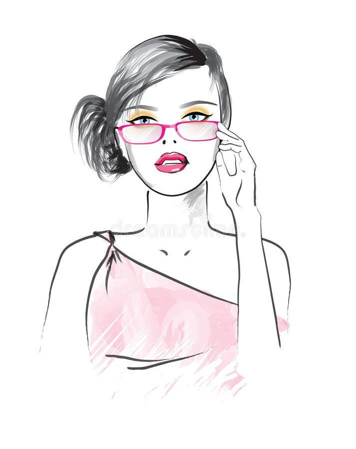 Beautiful Woman in the Glasses Stock Vector Illustration of hand