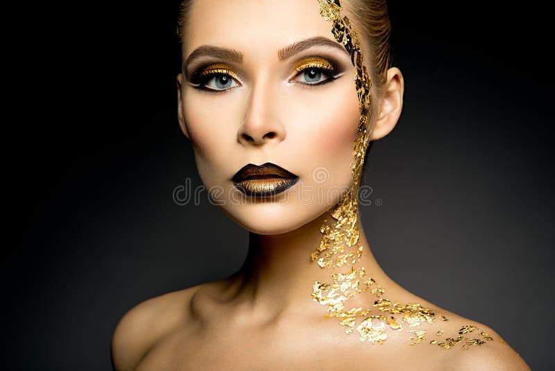 Brunette Woman In Gold Body Paint, Profile View Image & Design ID